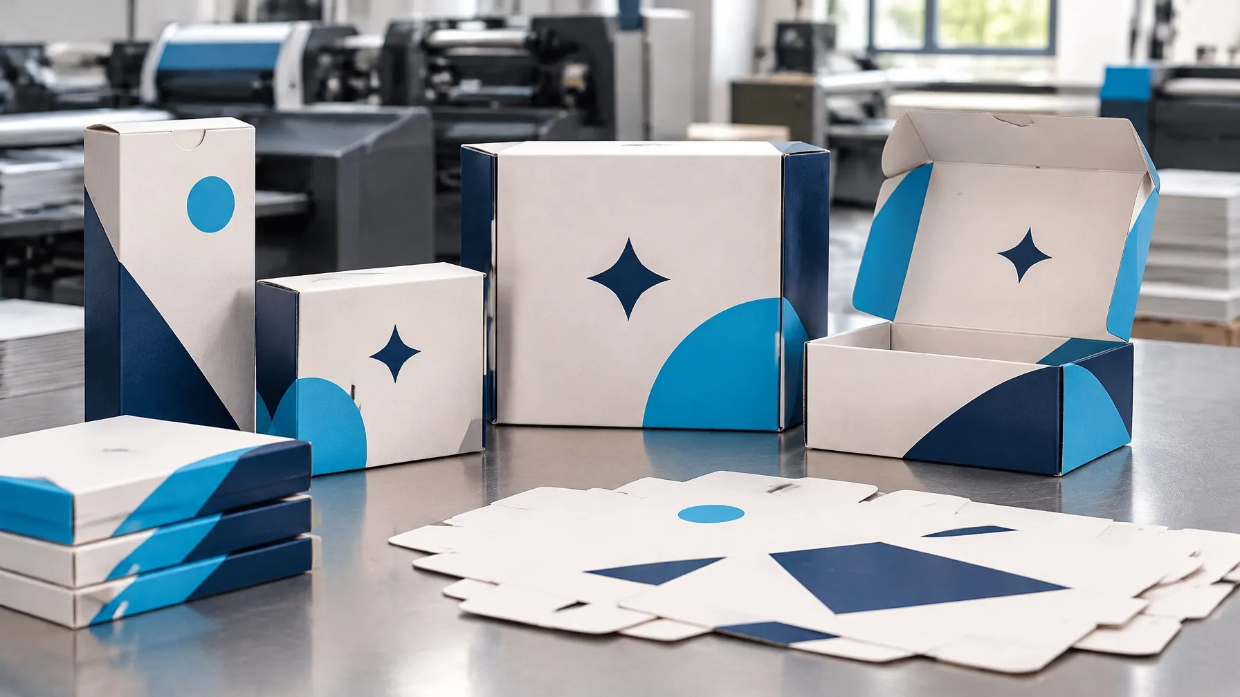 Custom printed boxes and packaging samples arranged on a production table