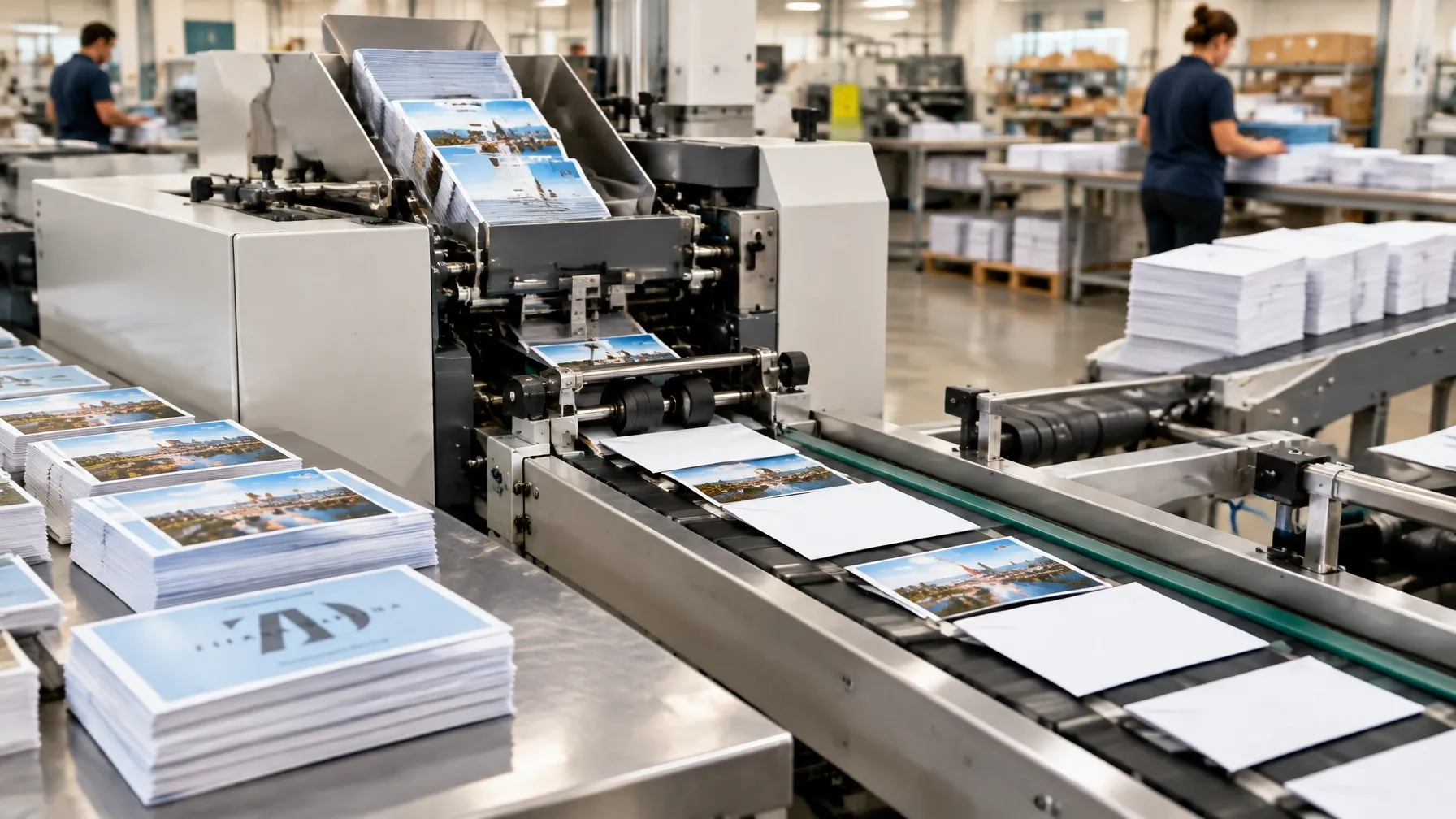 Postcards and envelopes moving through an automated commercial mail line