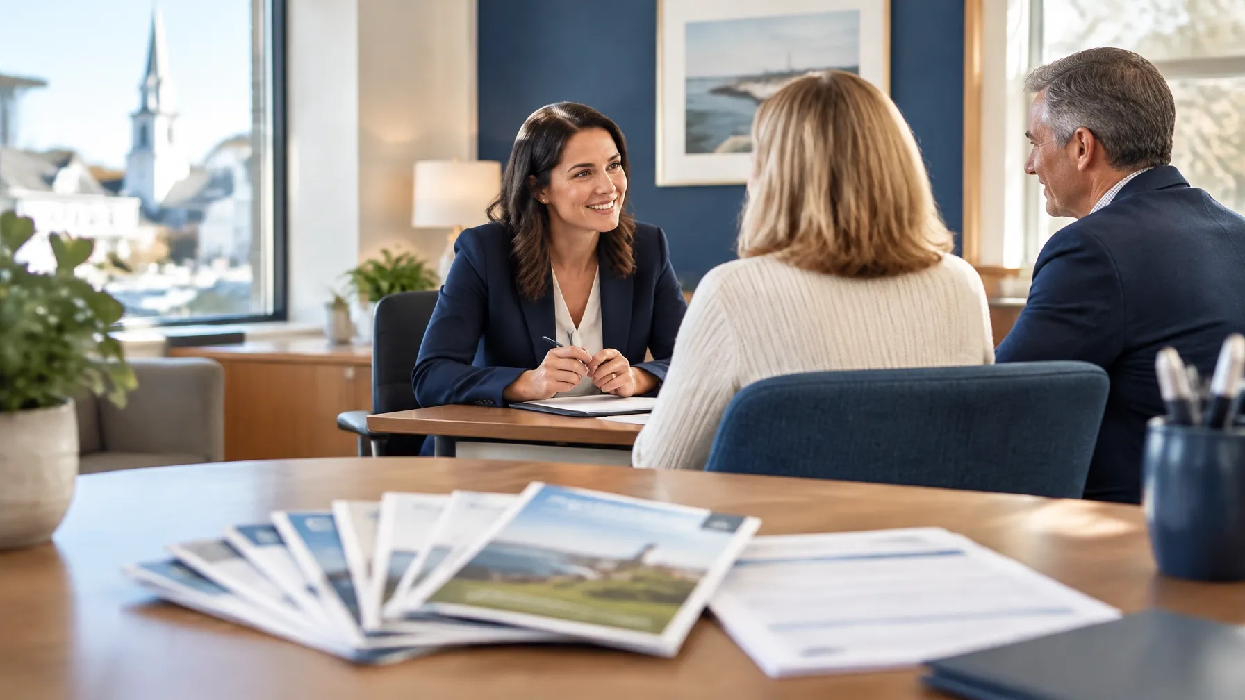 Financial advisor meeting with clients and printed materials