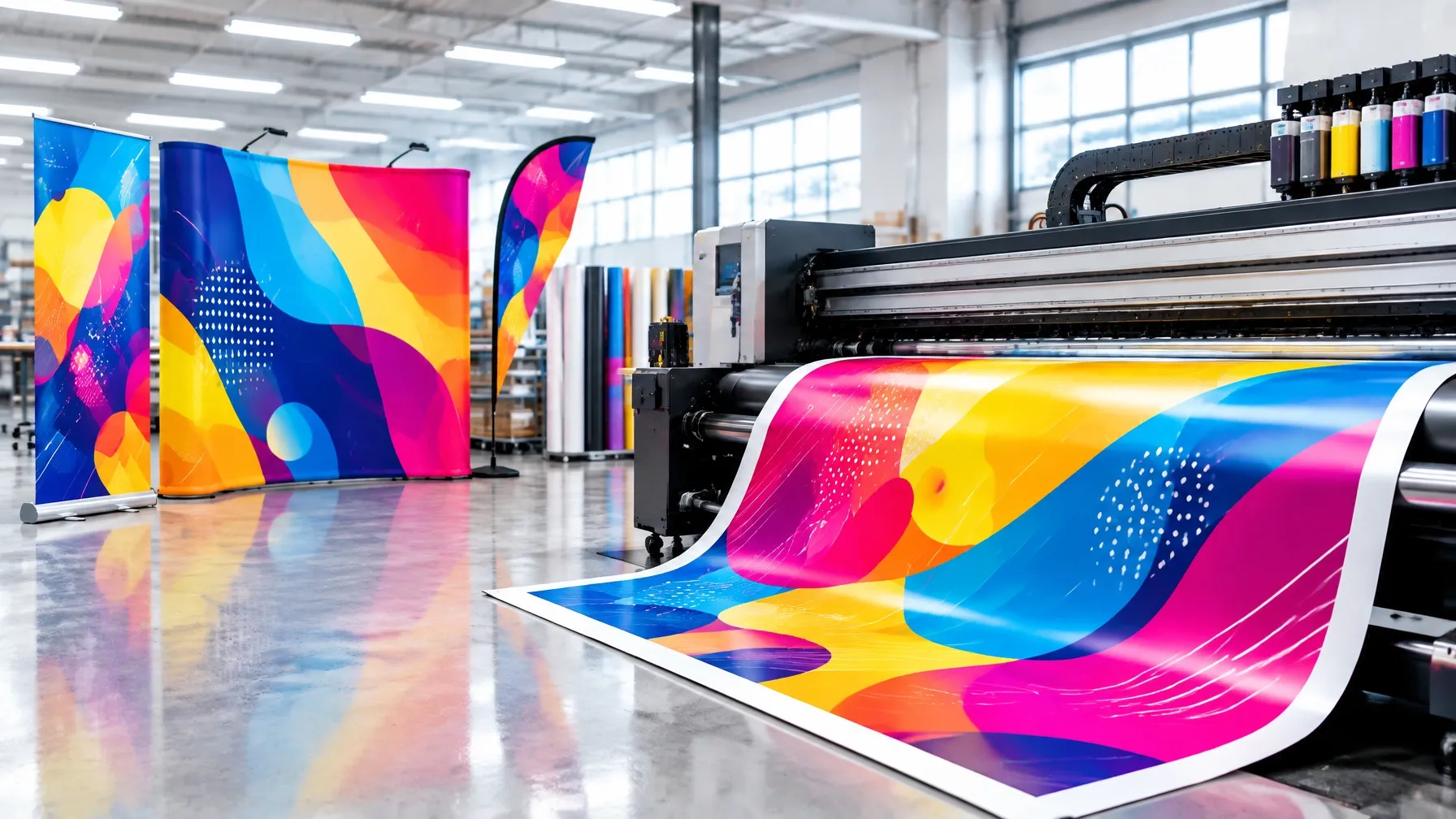Large-format printer producing a banner alongside finished event signage