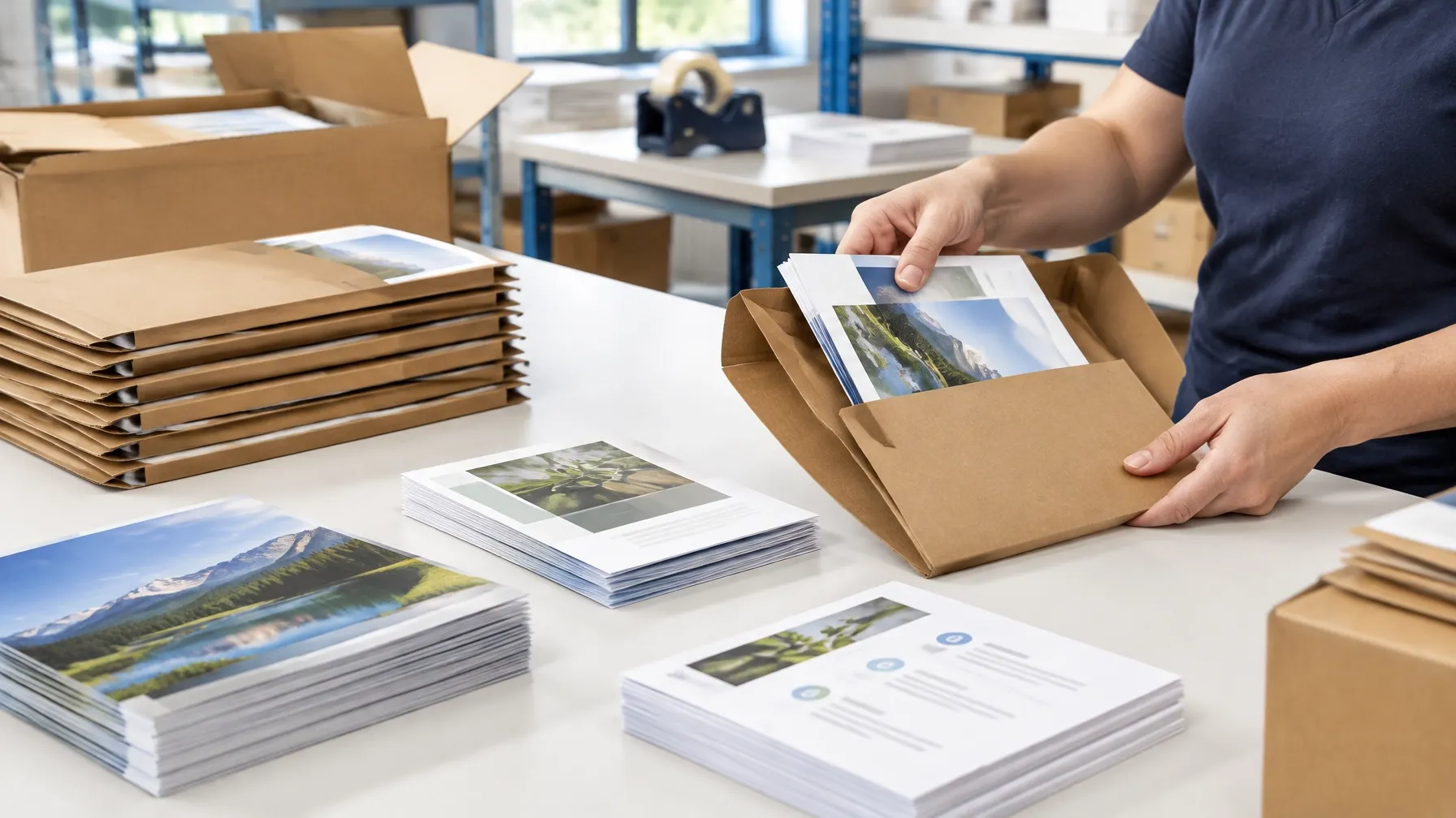 Printed materials being assembled and packed for fulfillment