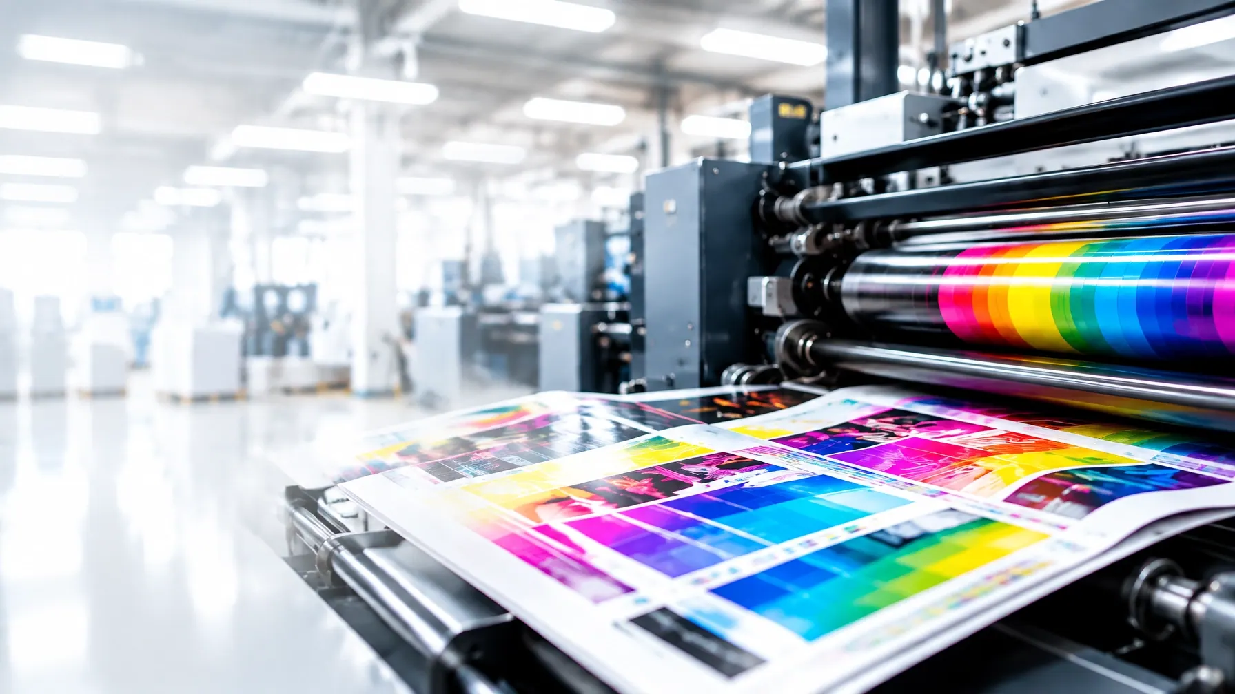 Colorful commercial print production demonstrating vibrant printed graphics