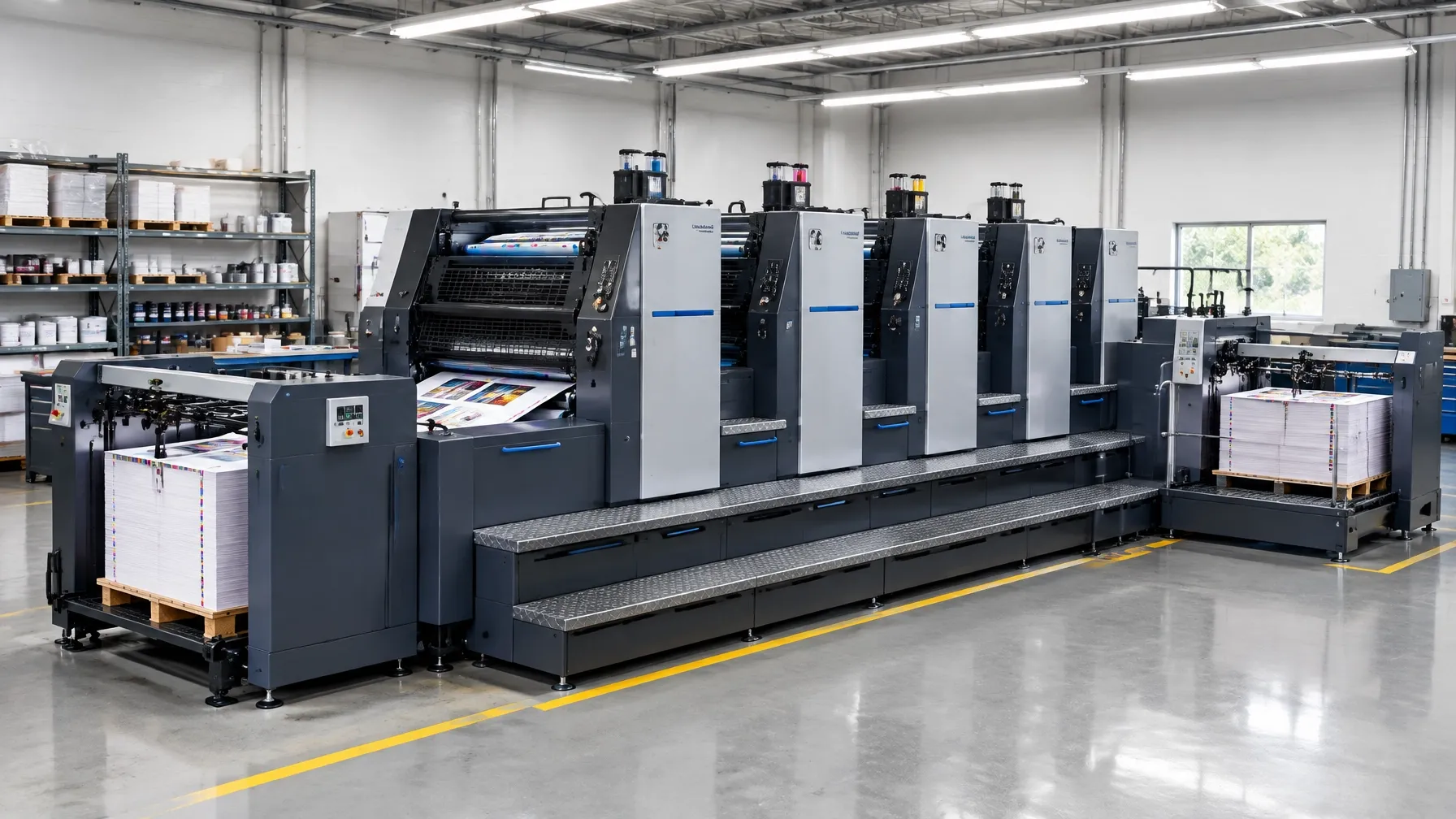 A multicolor sheetfed offset printing press running a print job