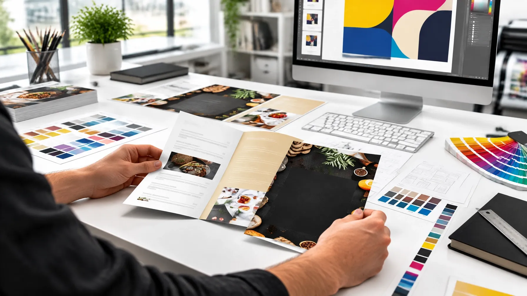 Designer reviewing printed brochure proofs and color samples